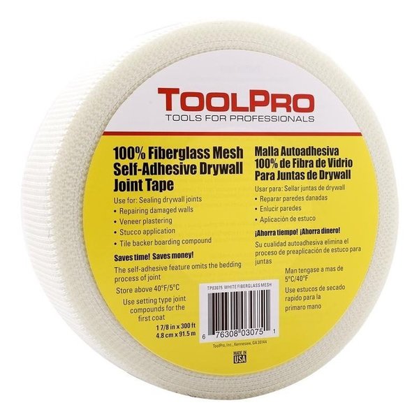 Toolpro Mesh Tape, 300 ft L, 178 in W, Fiberglass, White TP03075